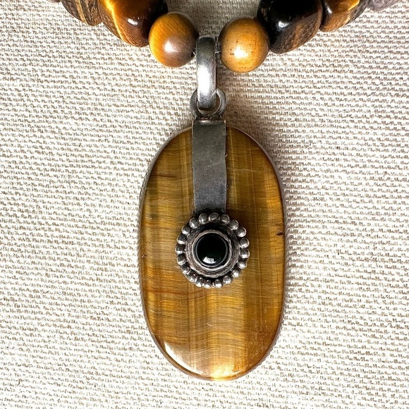 Handmade Vintage Tiger Eye & Onyx Necklace and Pendant 925 Silver - Picture 3 of 8